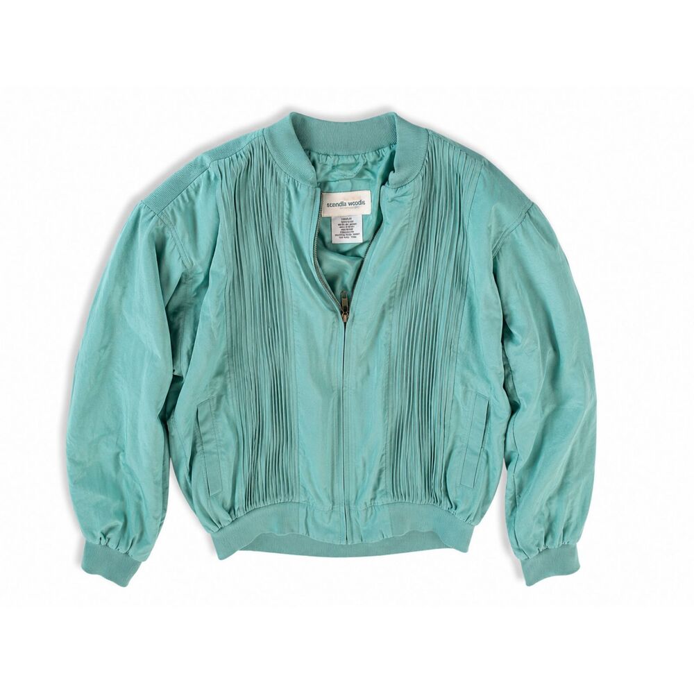 Scandia Woods Women's Silk‎ Blend Jacket Aqua Teal Pleated Bomber Large